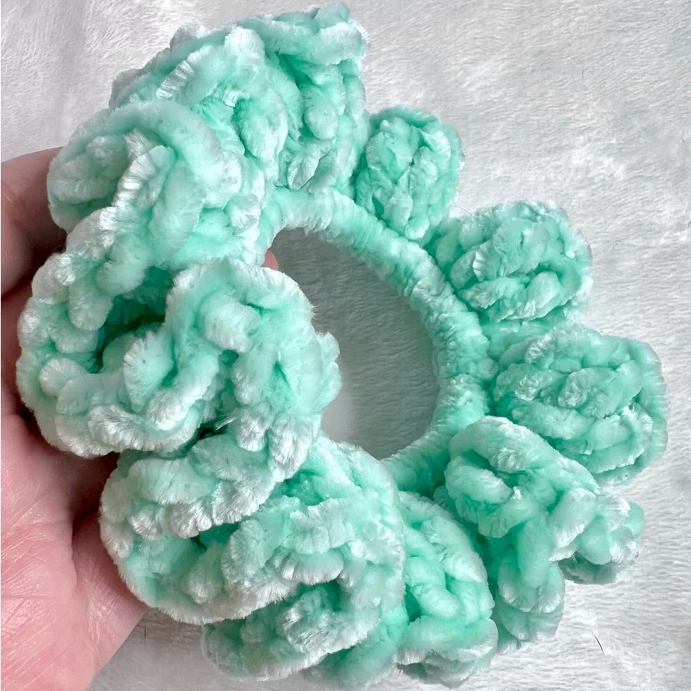 Handmade VELVET Crochet Hair Scrunchie Mint Green Soft Hair Tie PinkRainCloud